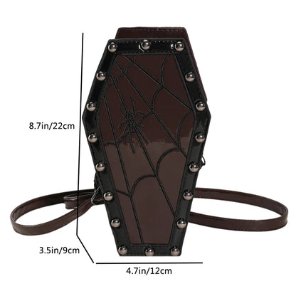 Novelty Halloween Gothic Coffin Shape Spider Web Sling PU Leather Bag