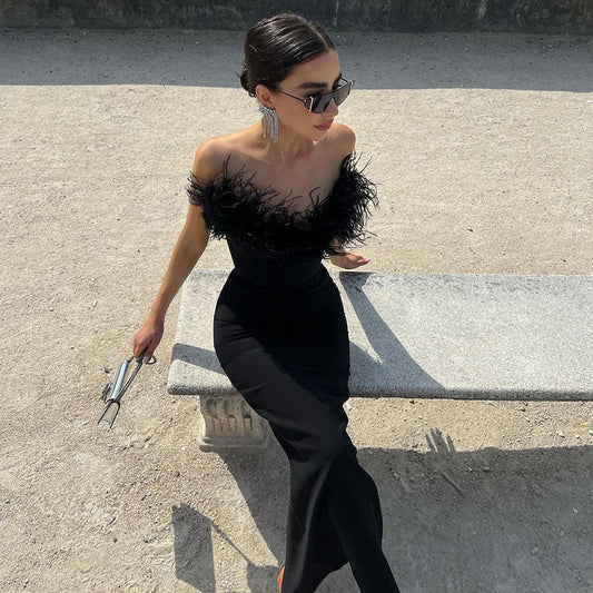 Tube Top Dress V-neck Woolen Fishtail Swing Dress