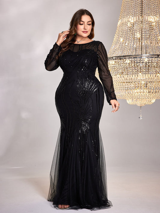 Plus Size Dress Long Sleeve round Neck Slim Fit Fishtail Skirt Bridesmaid Cocktail Evening Dress for Toasting Elegant