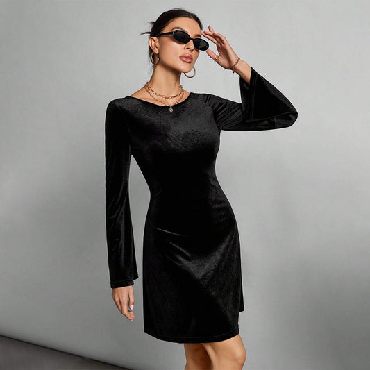 Simple Intellectual Dress  Backless Lace Up All Match Black Dress