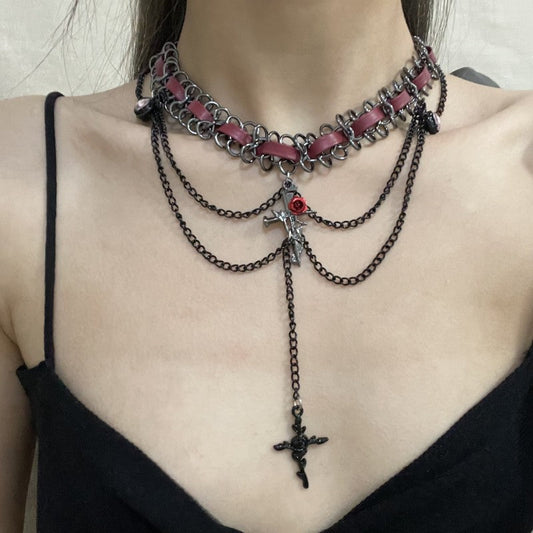 Dark Punk Heart Flower Cross Layered Necklace