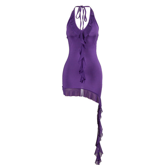 Solid Color Sleeveless Halter Lace Up Wooden Ear Mesh Stitching Dress