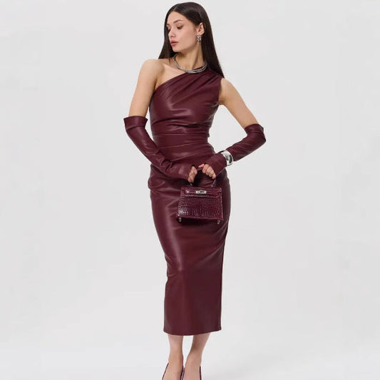 Crossbody Leather Dress Tight Wrapped Chest Pleated Sheath Split Dress