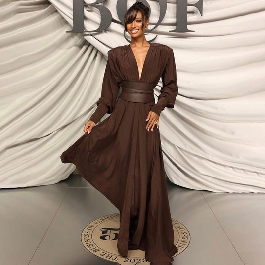 Chocolate Design Waist Seal Pleated Dress Brown Dress