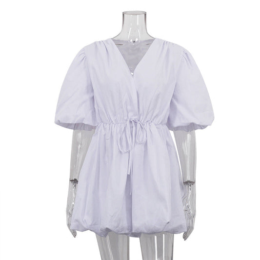 Lace up Waist Tight Sweet Balloon V neck Puff Sleeve White Dress