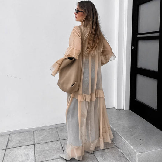 Khaki  Batwing Sleeve Dress Sun Protective Blouse Maxi Dress for