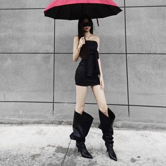 Oversized High Heel Long Boots Trendy Pointed Toe Thin Heel Over-the-Knee Wide Calf Slouchy Boots Shoes