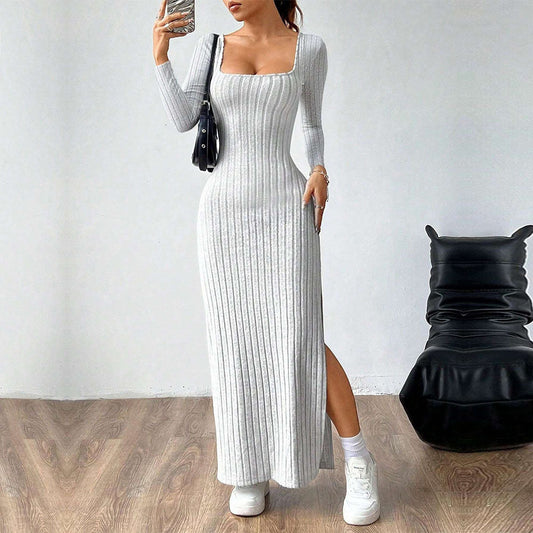 Simple Elegant Dress  Square Collar Backless Long Sleeve Mid Length Dress