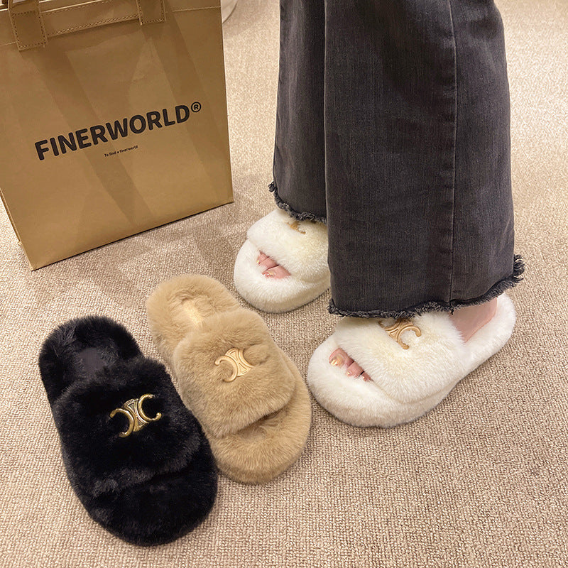 Trendy Fluffy Slippers Women 2024 New Metal Buckle Slide Spring Autumn Home Cotton Outdoor Shoes