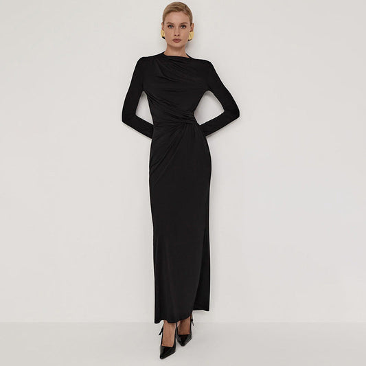 Solid Color Waist Tight Pleated Long Sleeve Intellectual Elegant Dress