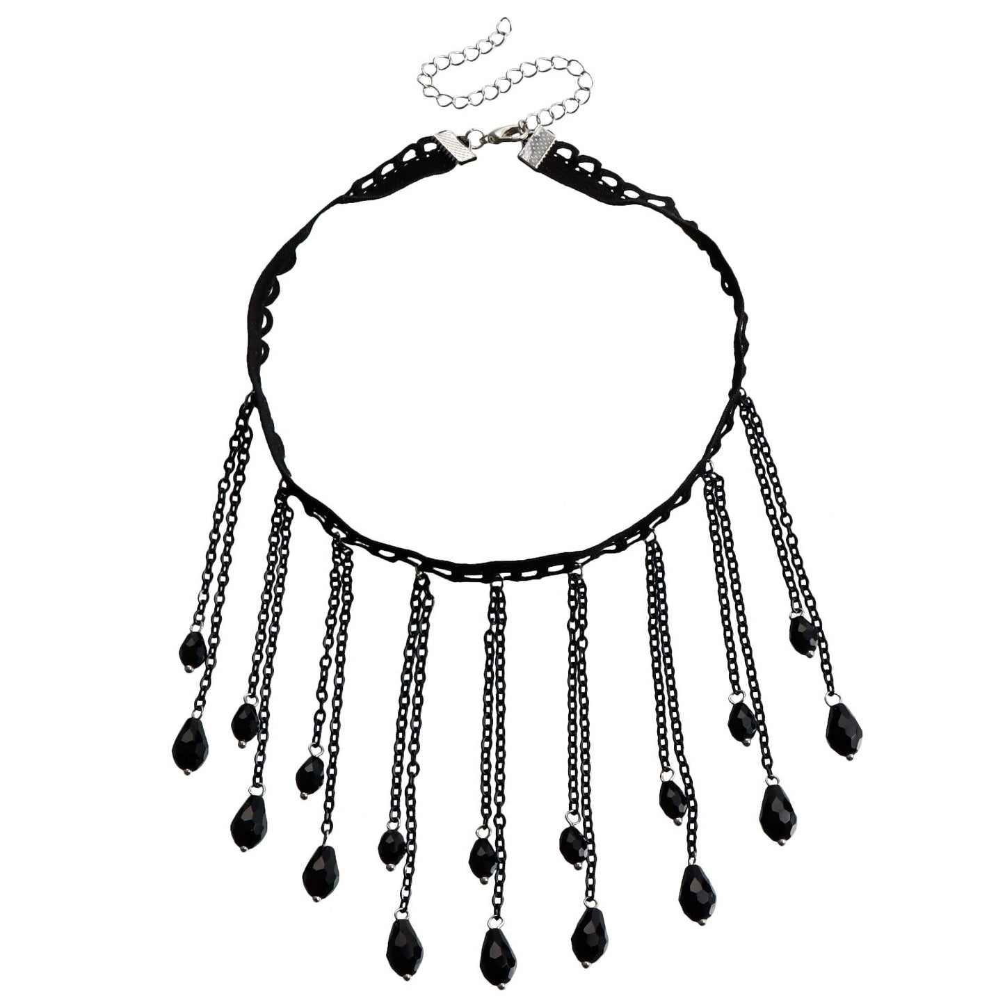 French Black Crystal Gothic Water Drop Tassel Lolita Lace Necklace