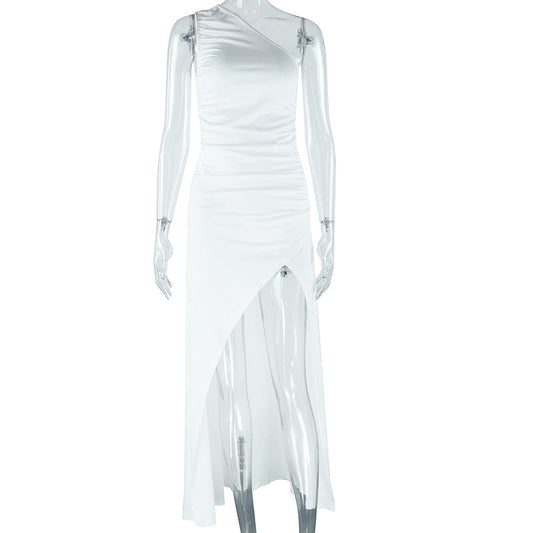 Solid Color Dress Diagonal Collar Open Shoulder Sleeveless Split Maxi Dress