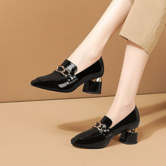 Women 2024 Spring Summer New Soft Patent Leather Chunky Heel Square Toe British Loafers Shoes