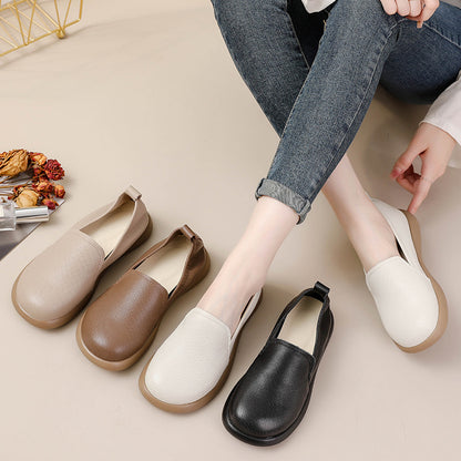 Top Layer Cowhide Spring New Wide Foot Mom Shoes Thick Sole Genuine Leather Middle-aged Loafers Shoes