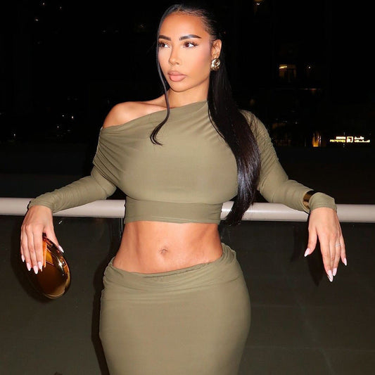 Comfort Casual Solid Color Cropped Skirt Set Maxi Dress Long Sleeve Diagonal Collar Two Piece Set