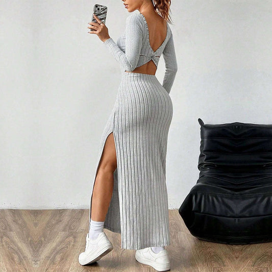 Simple Elegant Dress  Square Collar Backless Long Sleeve Mid Length Dress