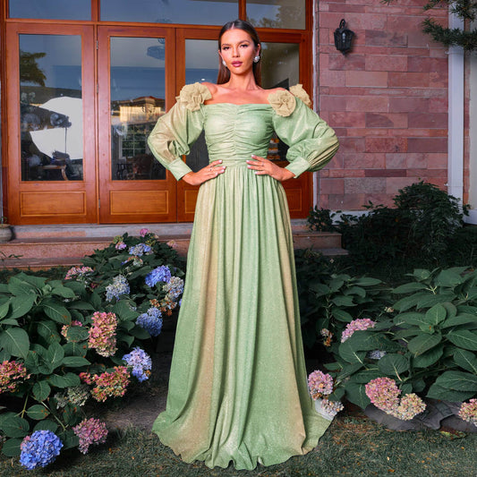 Long Sleeve Elegant Boat Neck Waist Beach Vacation Long Bohemian Large Swing