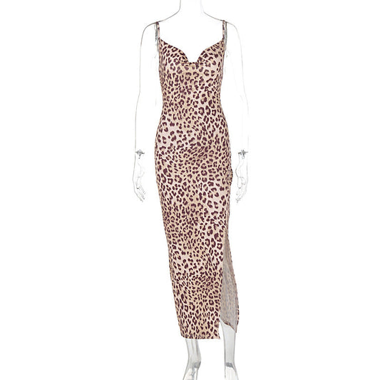 Leopard Print Sling Slim Fit Backless Split Dress