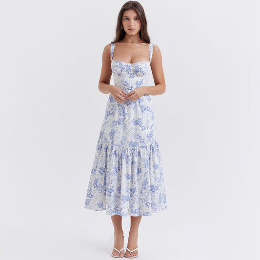 Collection Dress Sweet Spicy Floral Midi Backless Sleeveless Strap Dress for Summer