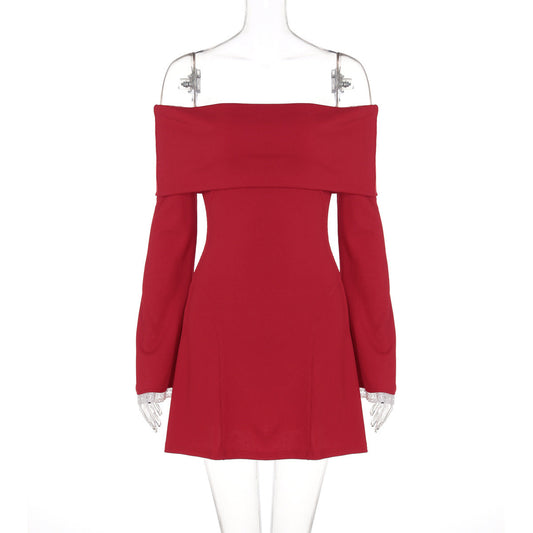 off Shoulder Horn Long Sleeve Short Dress Lace Slim Fit Dress