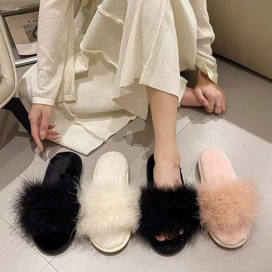 Fluffy Slippers Women Fashion 2024 New Trend Turkey Feather Flat Open Toe Korean Slide Shoes