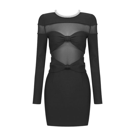 Bow Mesh Rhinestone Strip Dress Black Long Sleeve Semi Transparent