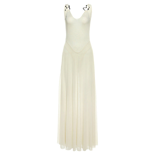 Slim V neck Backless Strap Mesh Dress