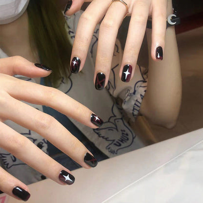 Gothic Red Black Star Short Wearable Press on Nail