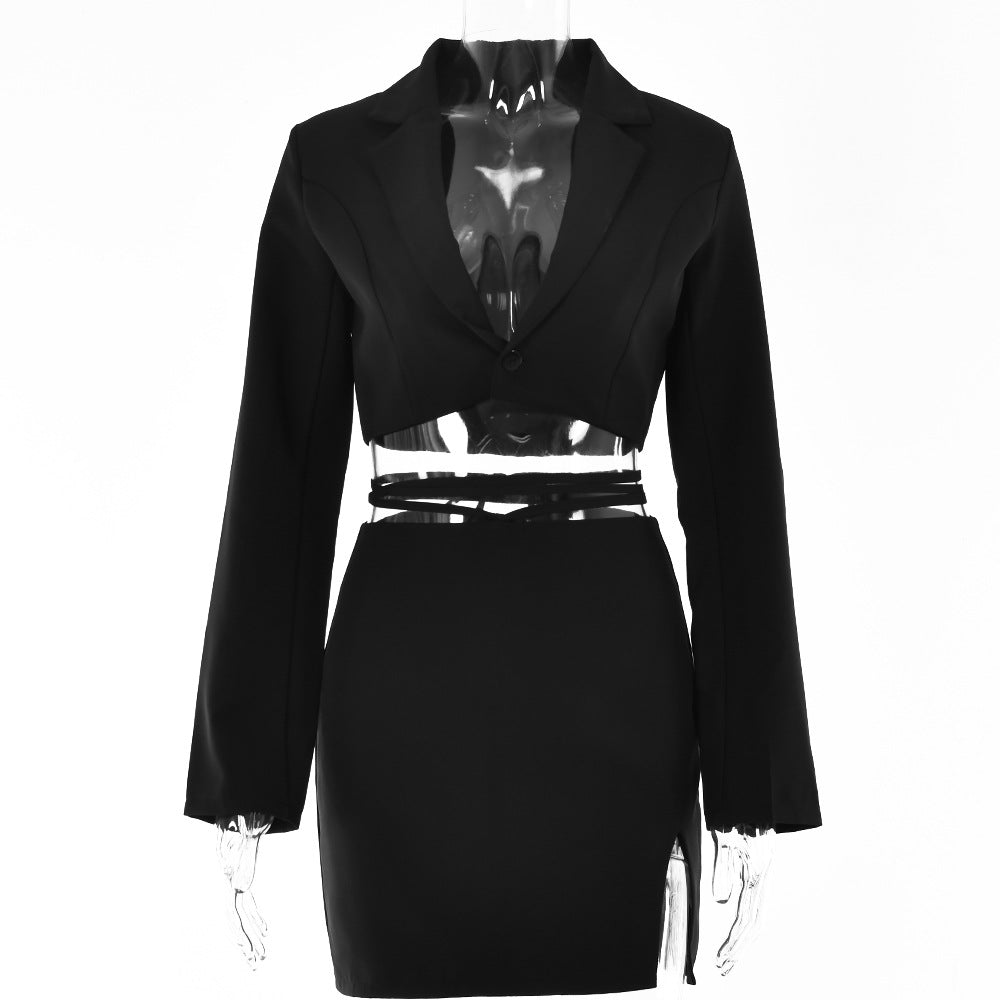 Ins Summer Hot Sale New OL Set Women’s Fashion Sexy Trendy Small Suit Slightly Open Slit Tie Short Skirt Suit