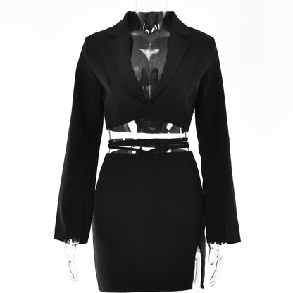 Ins Summer Hot Sale New OL Set Women’s Fashion Sexy Trendy Small Suit Slightly Open Slit Tie Short Skirt Suit