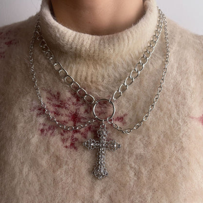 INS Alloy Vintage Diamond Cross Pendant Necklace