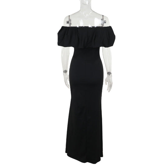 off the Shoulder Pleated Slit Formal Dress Long dress Socialite Slim Fit Slit