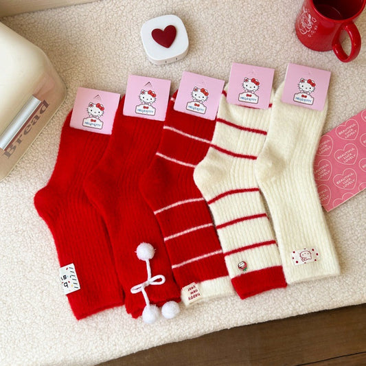 Embroidered Red Mid Calf Coral Fleece Cozy Christmas Socks