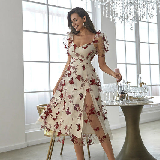 Embroidered Printed Waist off-Shoulder Dress Low-Cut Mesh Large Organza