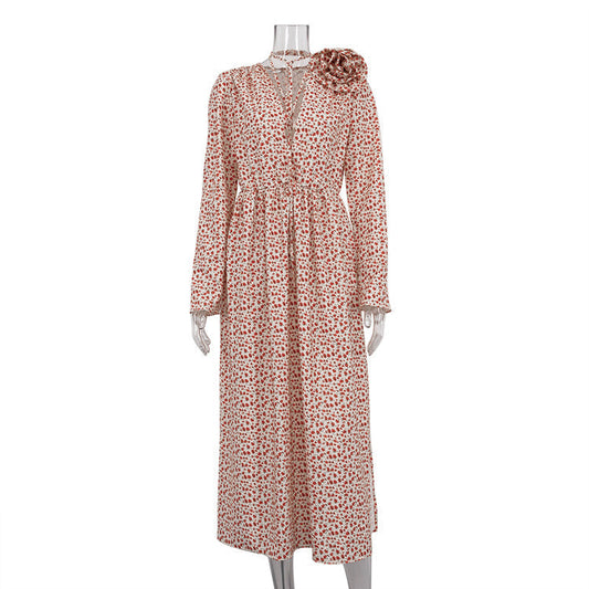 Early Floral Dress Deep V Plunge-neck Lace Up Waist Side Slit Dress