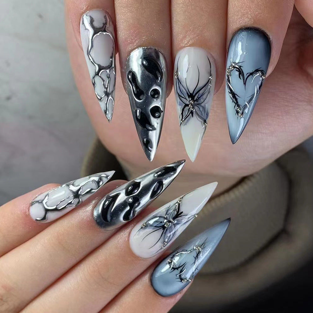 Halloween 3D Water Ripple Long Pointed Cool Butterfly Wearable Press on Nail