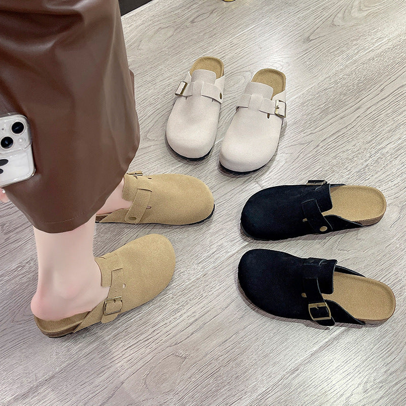 2024 New Buckle Half Slippers Women Thick Sole Cork Borken Sandals Flat Lazy Packable Shoes