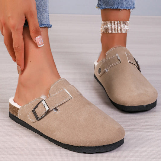 Sankei Same Style Leather Buckle Thick Sole Fluffy Slippers Women Outdoor Buckle Cork Slip-On Half Slippers Shoes