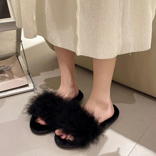 Fluffy Slippers Women Fashion 2024 New Trend Turkey Feather Flat Open Toe Korean Slide Shoes