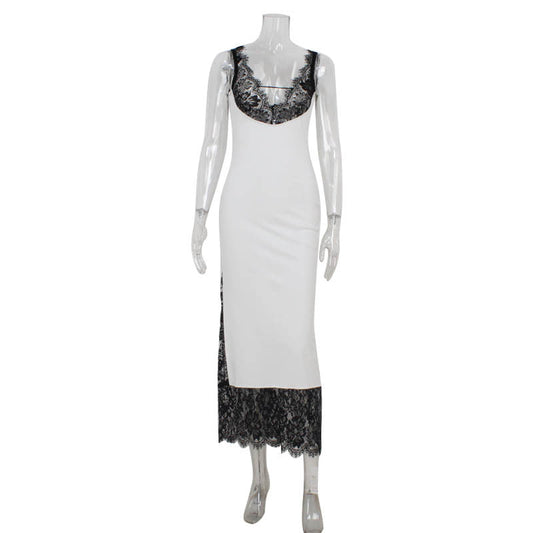 Sleeveless Deep V Plunge Lace StitchingElegant Lady Dress Slim Sheath Dress Long