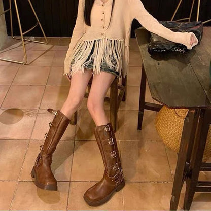 Brown Western Cowboy Women Over-the-Knee Long Boots Metal Buckle Chunky Thick Sole Knight Shoes