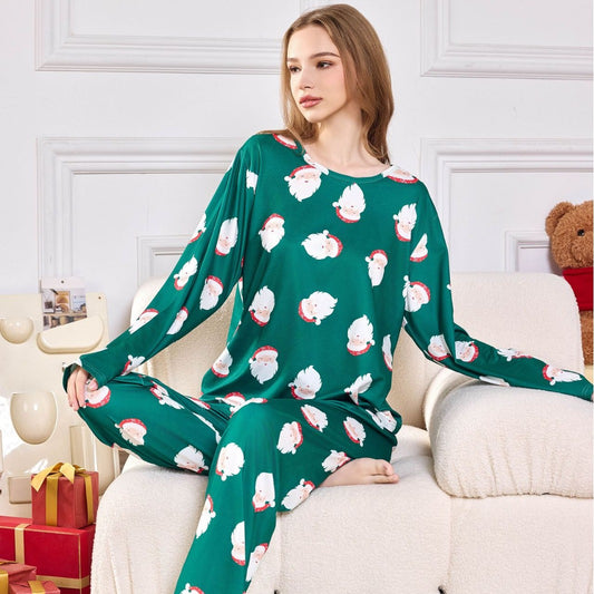 Foreign Trade Pajamas Women’s Christmas New Year Cartoon Print Two-Piece Set Milk Silk Homewear Suit