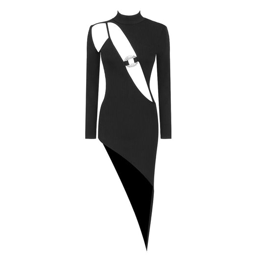 Black Long Sleeve Dress Diamond Decorations Hollow Out Cutout Asymmetric Bandage Dress