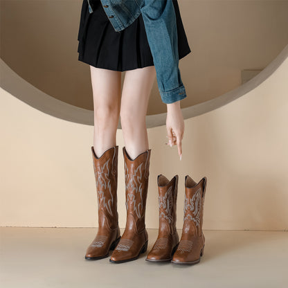 Celebrity Western Cowboy Boots Chunky Heel V-Shaped Embroidered Vintage Plus Size Women Shoes