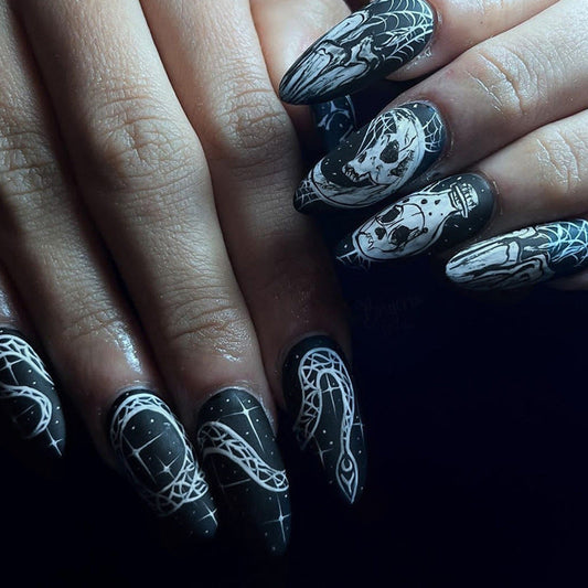 Halloween Black Matte Skull Snake Sweet Cool Wearable Press on Nail