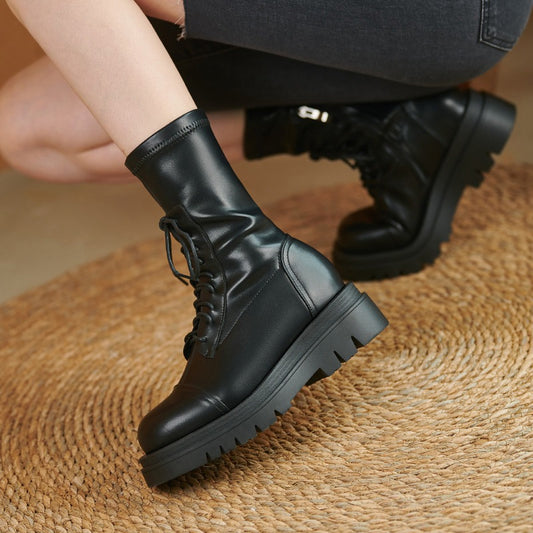 Size 32-43 Platform Short Boots Elastic Slim 2024 Round Toe Thick Sole Martin Shoes