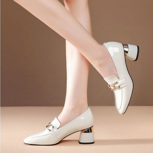 Women 2024 Spring Summer New Soft Patent Leather Chunky Heel Square Toe British Loafers Shoes