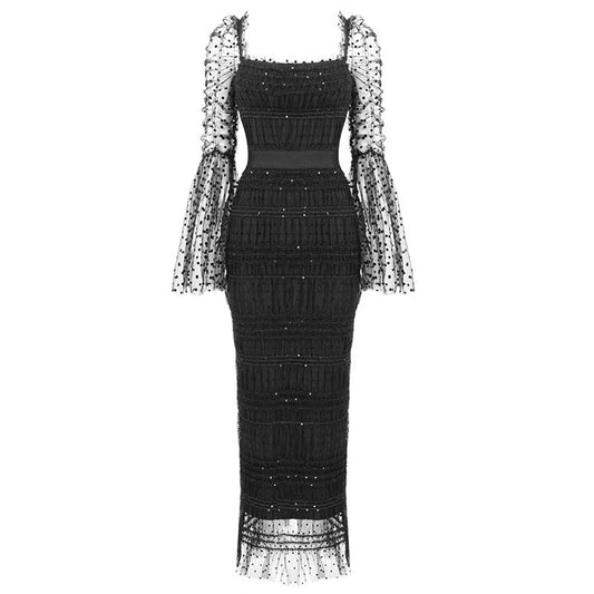 Black Flared Sleeves Slimming Long Sleeve Dot Mesh Korean Dress Dress