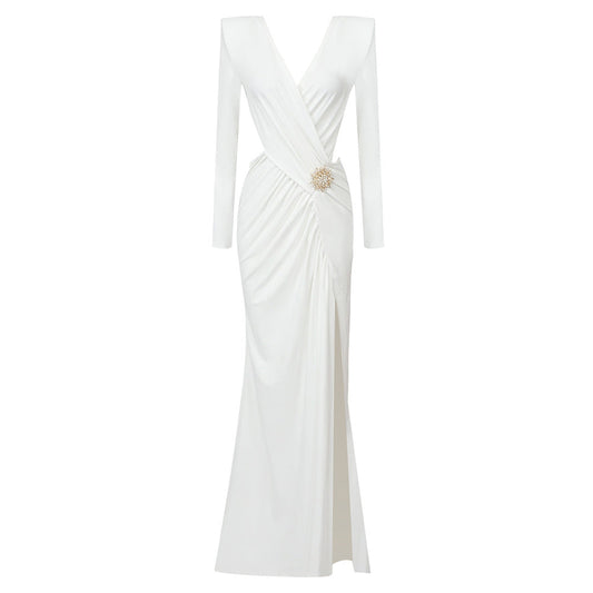 White Long Sleeve Pleating Hollow Out Cutout Cross Dress V Neck Metal Waist