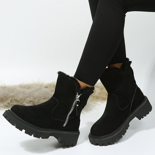 Short Thick Sole Round Toe Snow Boots Women Vintage Furry Thick Warm Cotton Shoes